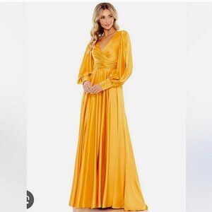 Mac Duggal Floor Length Yellow Satin Wedding Guest Gown Dress Sz 16 Style #67847